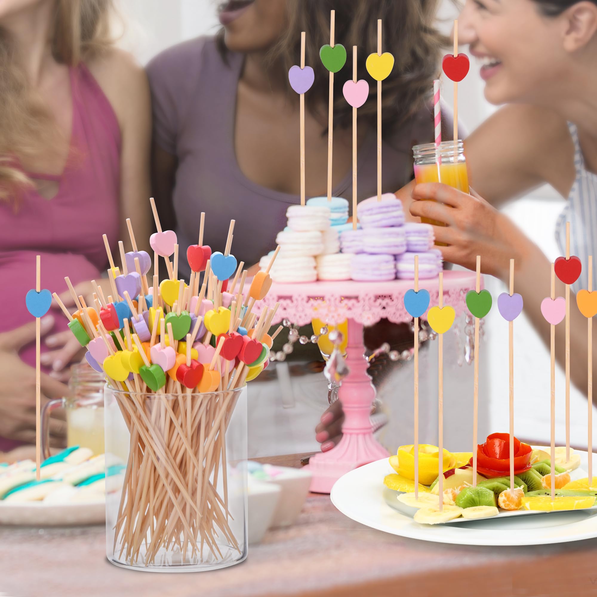 Heart-Shaped Bamboo Toothpicks 100 Pack - Natural Appetizer Picks for Fruit, Cake & BBQ Parties (Pink)