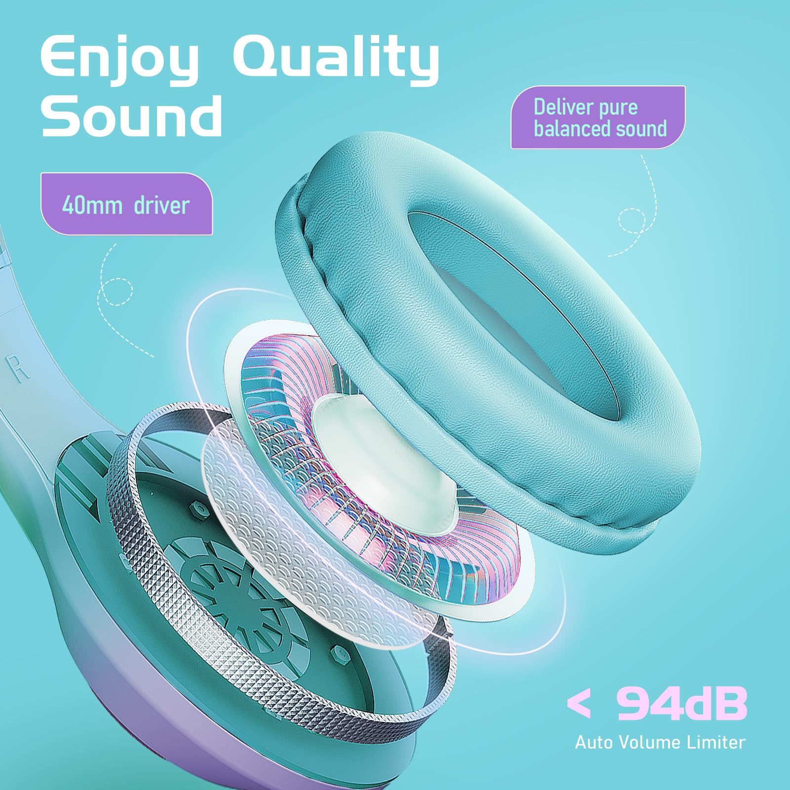 Kids Wired Headphones 94dB Volume Limit - Foldable Over-Ear for School & Travel