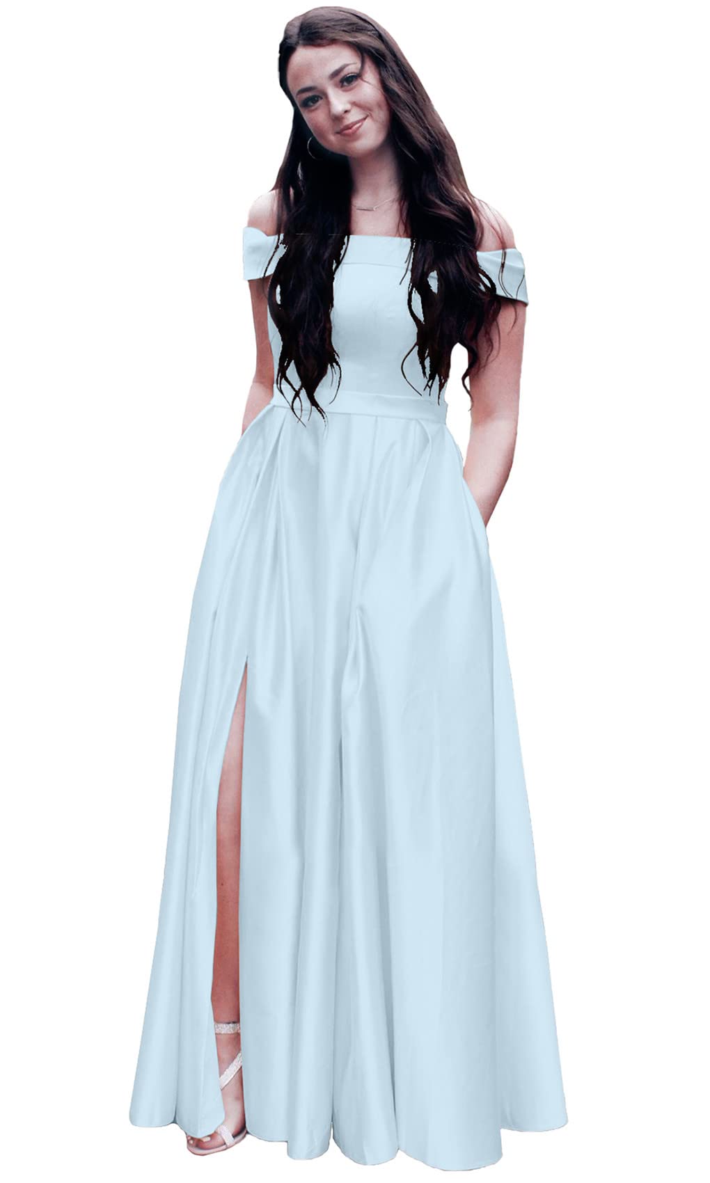 ANGELWARDROBE Women's Off Shoulder Prom Dress Long Satin Formal Evening Gown A-Line Party Dress with Slit Pockets - Perfect for Homecoming, Wedding Guest & Black Tie Events