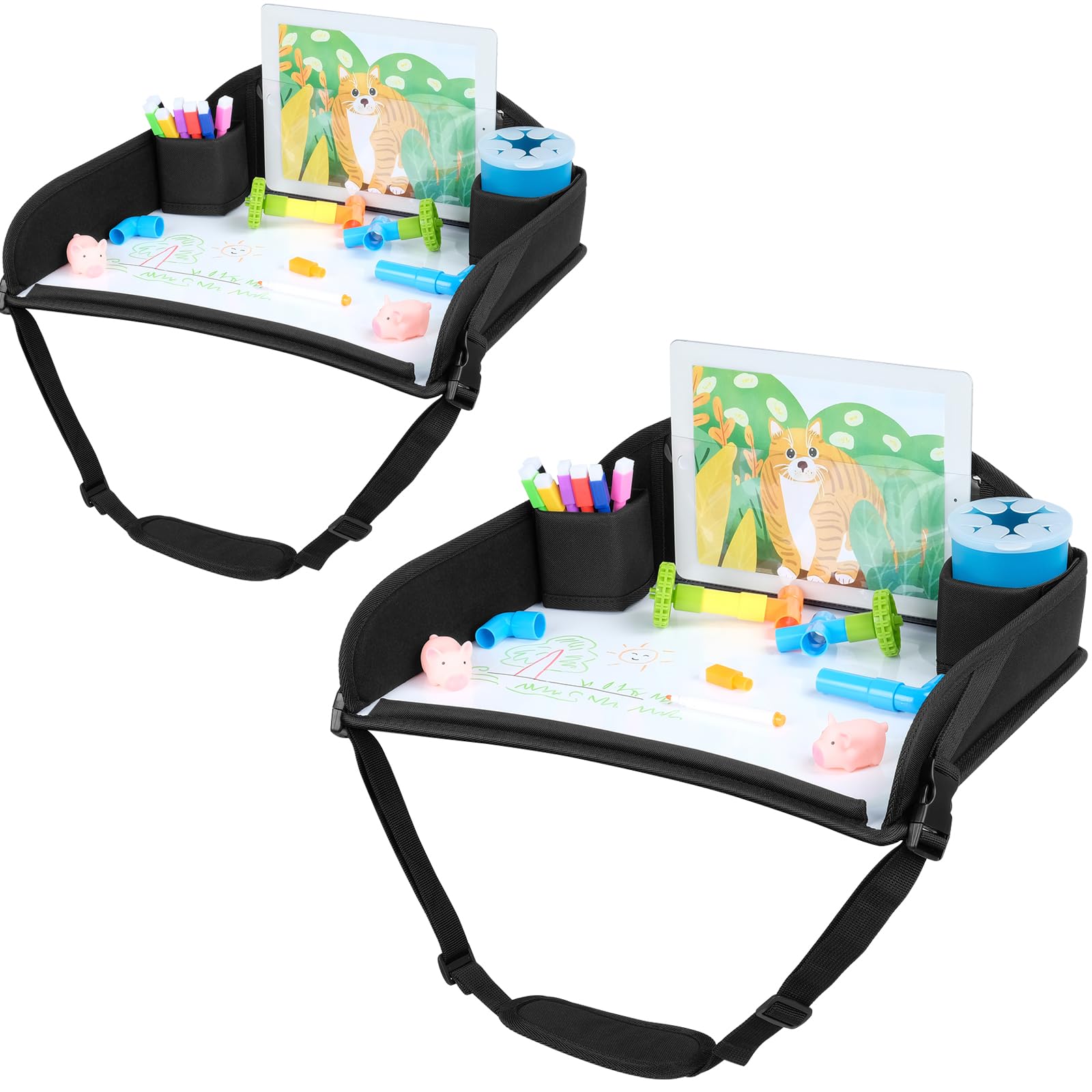 COOLBEBE Kids Travel Tray for Toddler Car Seat & Airplane - 2 Pack Black Lap Tray for Snacks, Toys & Activities - Perfect for Road Trips, Flights & Dining On-The-Go