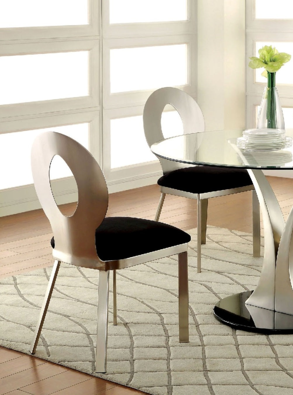 Modern Silver Metal Frame 2-Piece Dining Chair Set with Black Microfiber Upholstery - Oval Back Design with Satin Plated Powder Coating | Perfect for Kitchen, Dining Room, Breakfast Nook or Small Space Decor