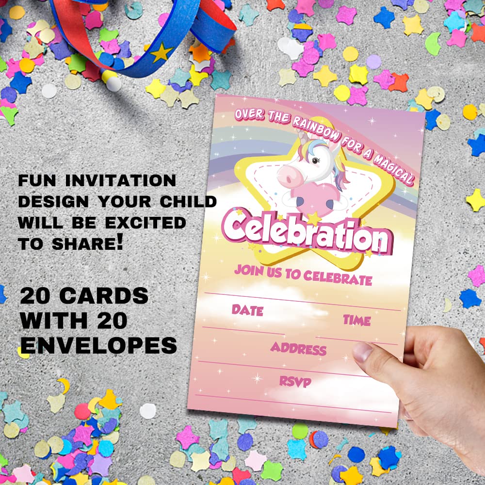 Magical Unicorn Birthday Party Invitation Cards - 20 Premium Invites with Envelopes for Girls' Birthday Celebrations, Unicorn Theme Party Supplies, Rainbow Decorations - Perfect for Kids' Birthday Parties, Baby Showers & Special Events (DLM220)