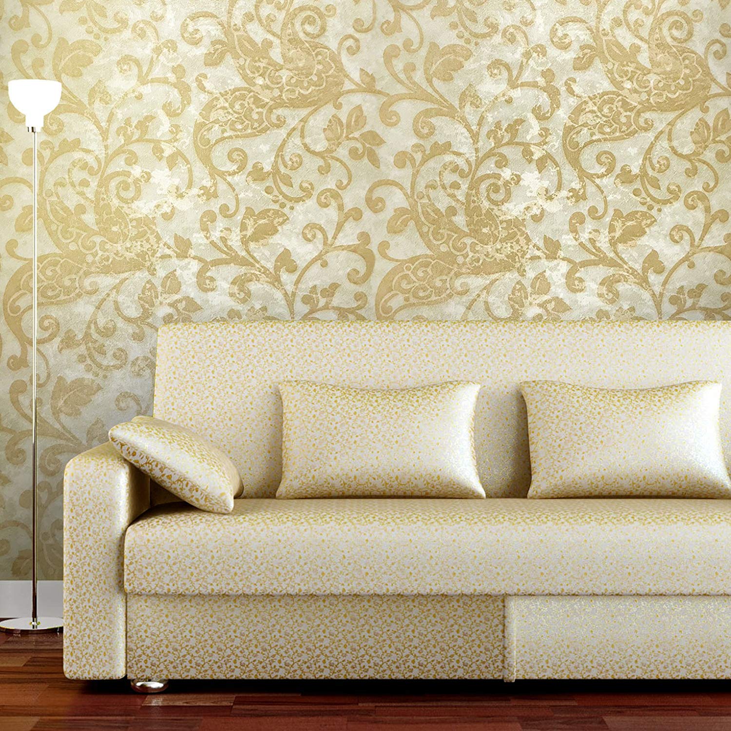 Gold Metallic Textured Wallpaper Roll - Vintage Damask Pattern Peel and Stick Wall Covering for Bedroom, Living Room, Dining Room Decoration