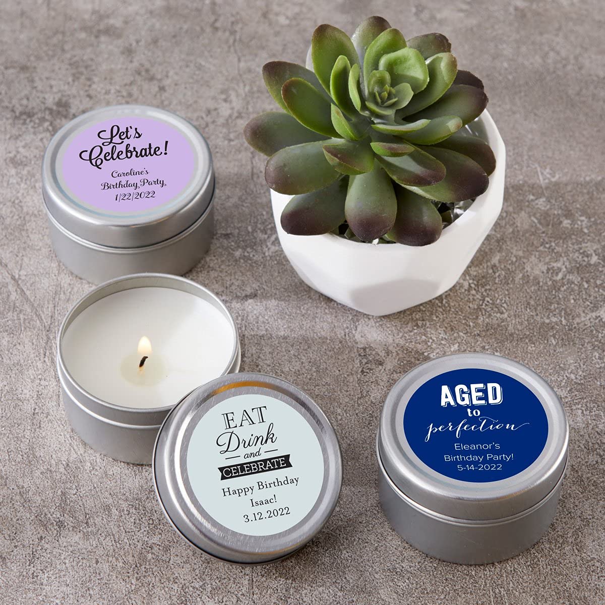 Kate Aspen Personalized Travel Candle Tin - 96PCS Custom Scented Candles with Round Sticker Design - Perfect for Milestone Birthday Party Favors, Wedding Decor & Travel Gifts - Great for Home, Office & Spa Relaxation