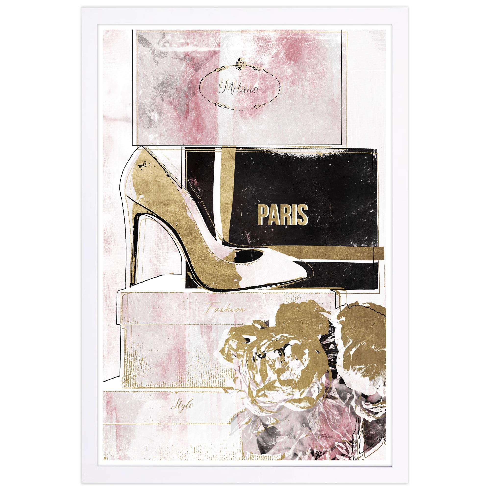Wynwood Studio Framed Wall Art Print - Stacked Shoes Rose Love in Pink & Gold, 13x19 Inches, Fashion & Glam Home Décor for Living Room, Bedroom, or Office