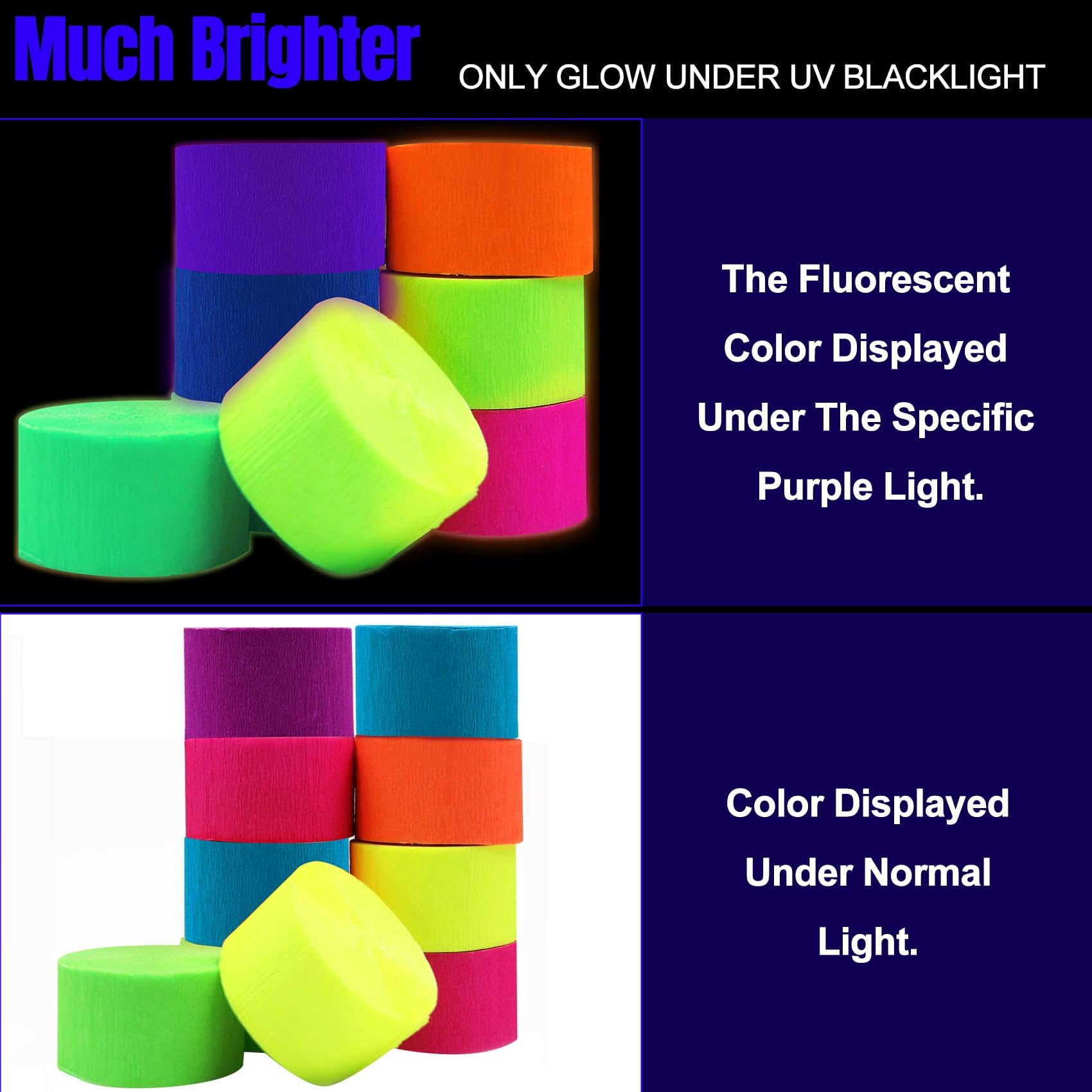1200ft Neon Glow in The Dark Blacklight Reactive Fluorescent Crepe Paper Streamers - UV Party Decorations for Halloween, Rave, Birthday & Glow Parties - Perfect for Nightclubs, Dance Floors & Themed Events