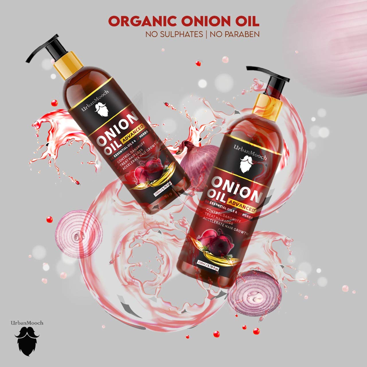 UrbanMooch Advanced Onion Hair Oil for Men with Red Onion Extract & 14 Essential Oils - Promotes Hair Growth & Controls Hair Fall - 200ml - Perfect for Daily Scalp Massage & Hair Care Routine