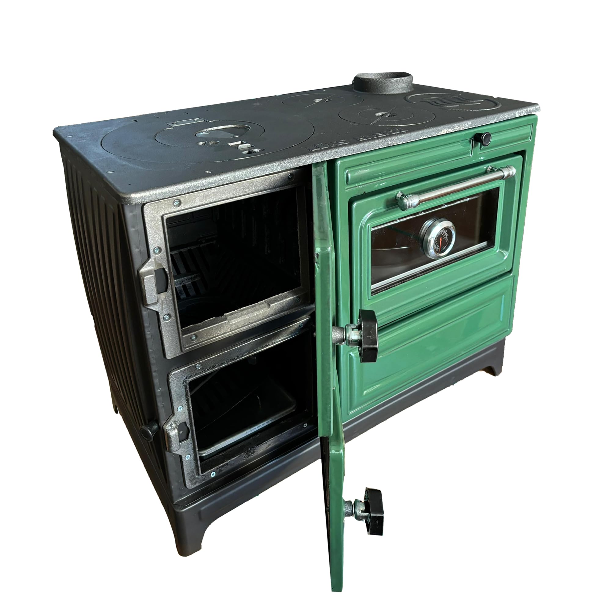 Vintage Green Cast Iron Wood Cook Stove with Oven - Efficient Wood Burning Stove Range for Kitchen & Cabin - Includes Built-in Thermometer - Perfect for Rustic Homes, Farmhouses & Off-Grid Living - Handcrafted in Turkey