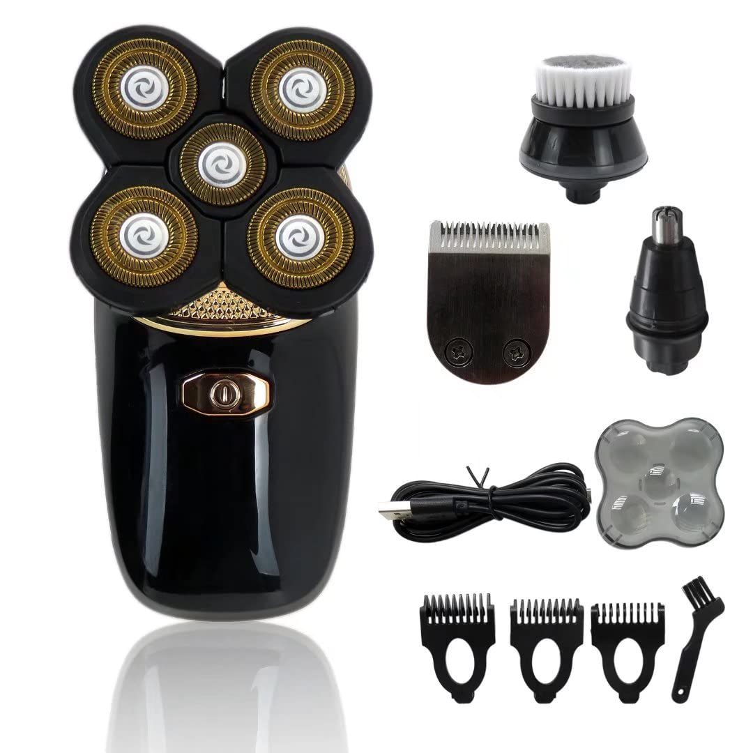5 in 1 Rechargeable Electric Shaver for Men - 5 Floating Head Razor, Hair Clipper, Nose & Ear Trimmer, Facial Cleaning Brush (Gold) | Perfect for Travel, Gym, Home Use & Daily Grooming Routine