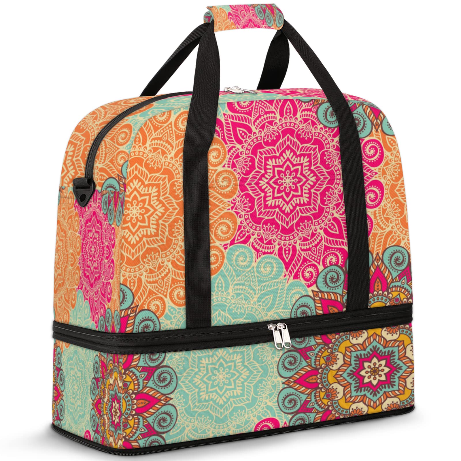 Colorful Mandala Gym Bag with Wet Pocket & Shoe Compartment - Large Waterproof Sports Duffel Bag for Men & Women - Perfect for Travel, Yoga, Gym & Overnight Trips