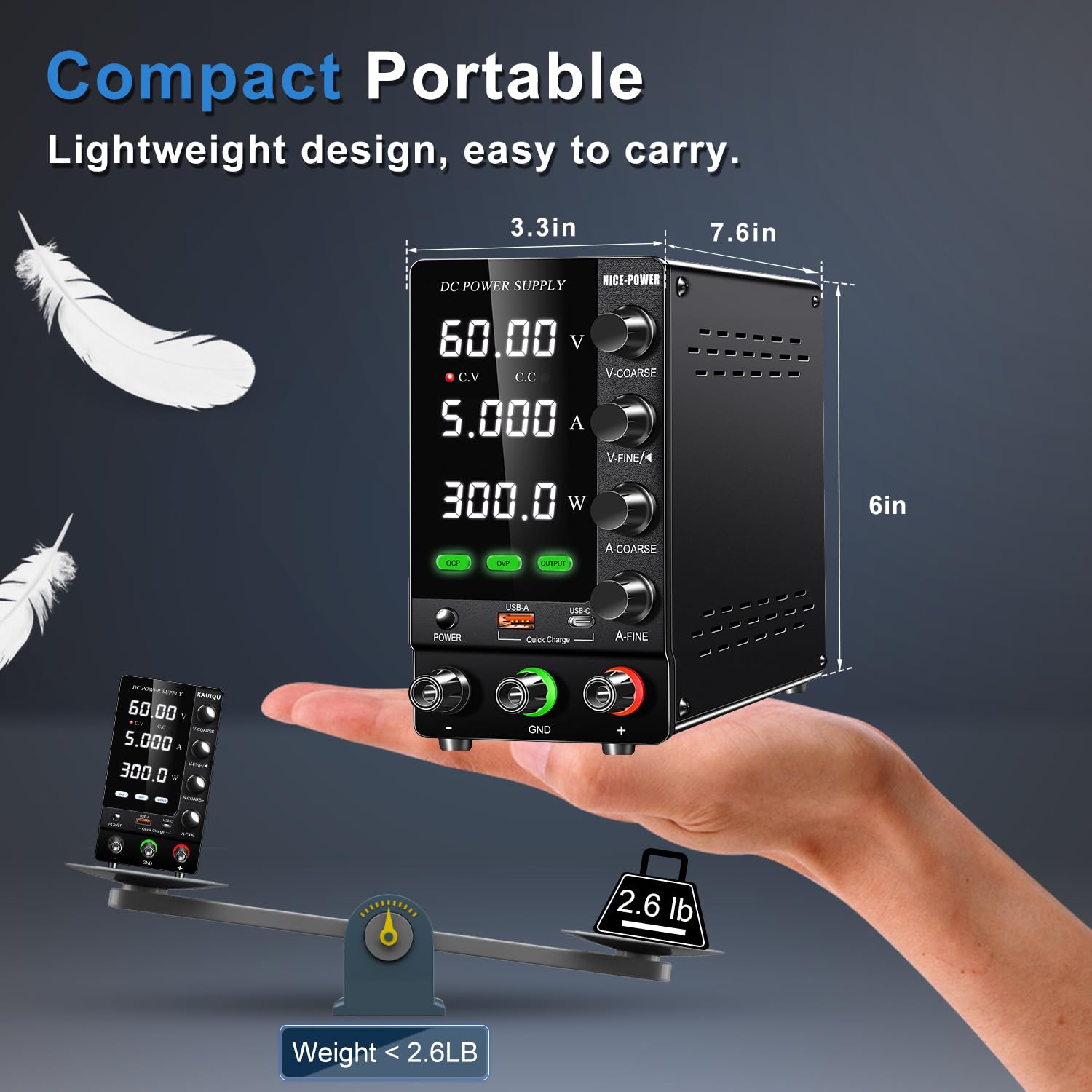 Adjustable 60V 5A DC Bench Power Supply with Digital Display - Variable Regulated Lab Power Source with Encoder, OVP/OCP Protection & USB Quick Charge for Electronics Testing, DIY Projects, and School Labs