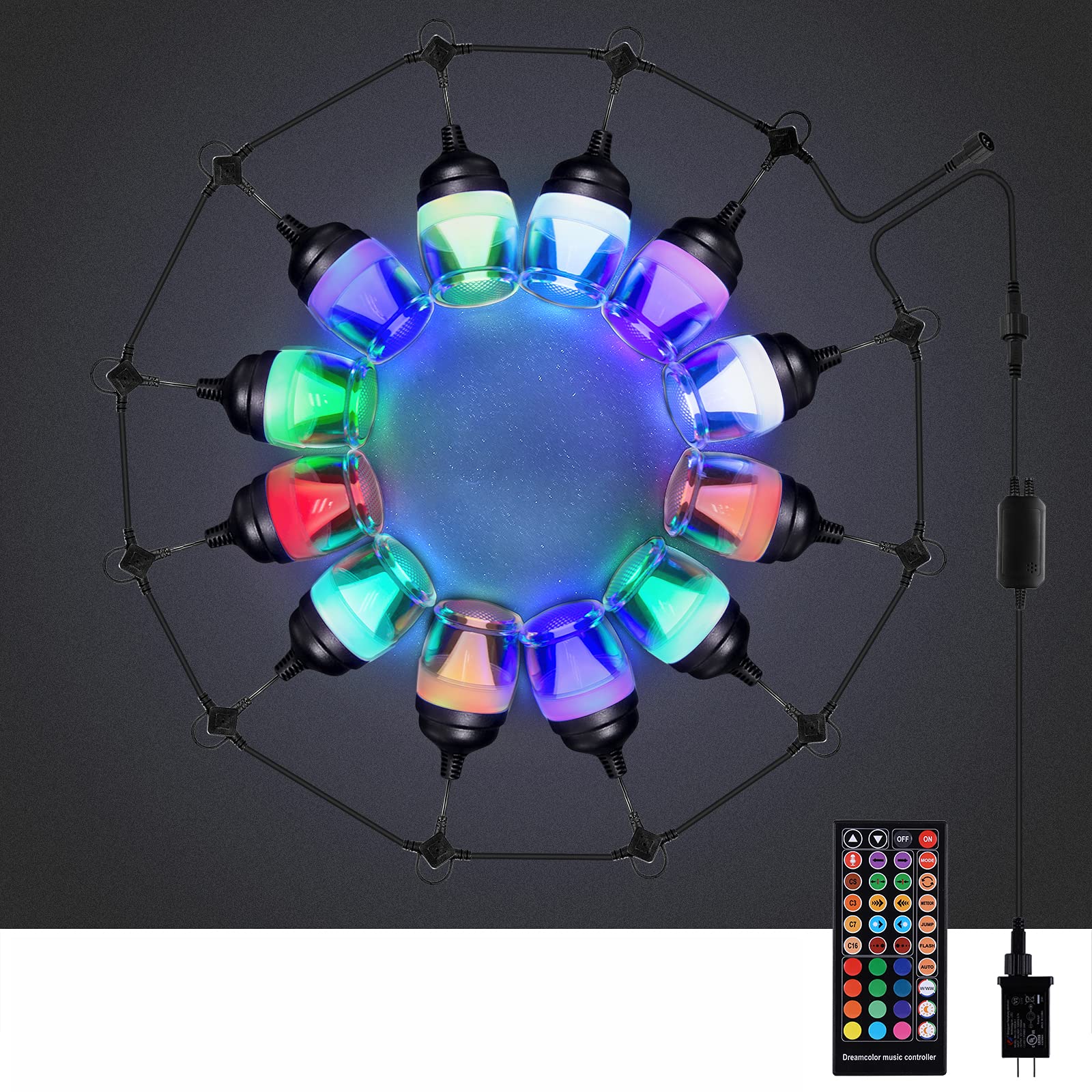 Outdoor LED String Lights Waterproof RGB Dimmable with Music Sync - 50ft Hanging Party Lights for Patio, Backyard, Garden, Cafe, Porch Decor - Perfect for Holiday, Wedding & Outdoor Atmosphere (White/Warm White)