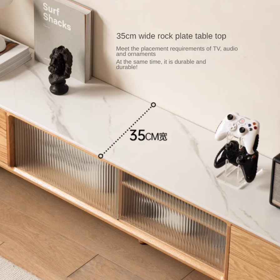 Solid Oak Wood Sliding Door TV Stand with Natural Rock Slab Surface - Modern Entertainment Center for Living Room & Home Theater