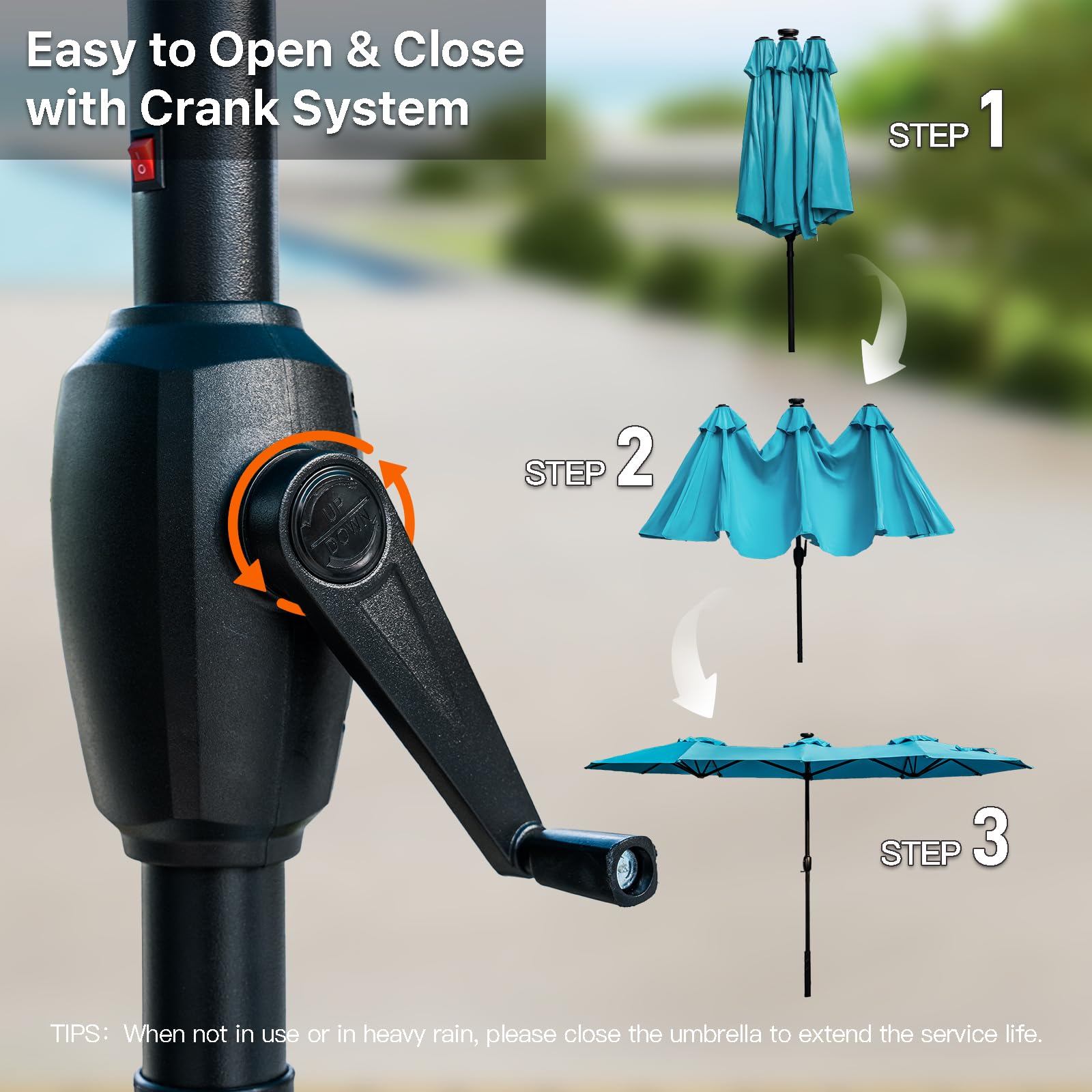 FREE SOLDIER 13ft Solar LED Patio Umbrella with 36 Lights - Double Sided Outdoor Sun Shade for Garden, Yard, Poolside - Perfect for Dining, Lounging & Outdoor Entertaining (Turquoise)