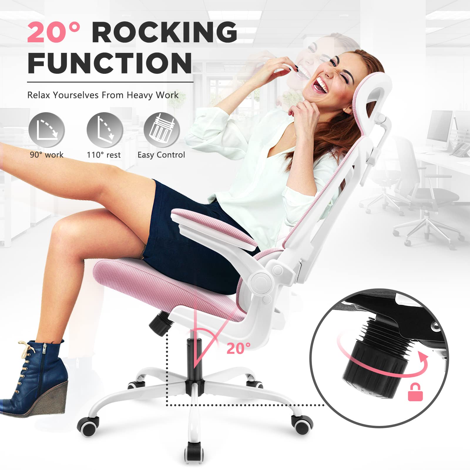 Soontrans Pink Ergonomic Office Chair with Lumbar Support Pillow - Adjustable Mesh Computer Chair with Headrest & Armrests - Comfortable Swivel Desk Chair for Home Office, Gaming & Workspace