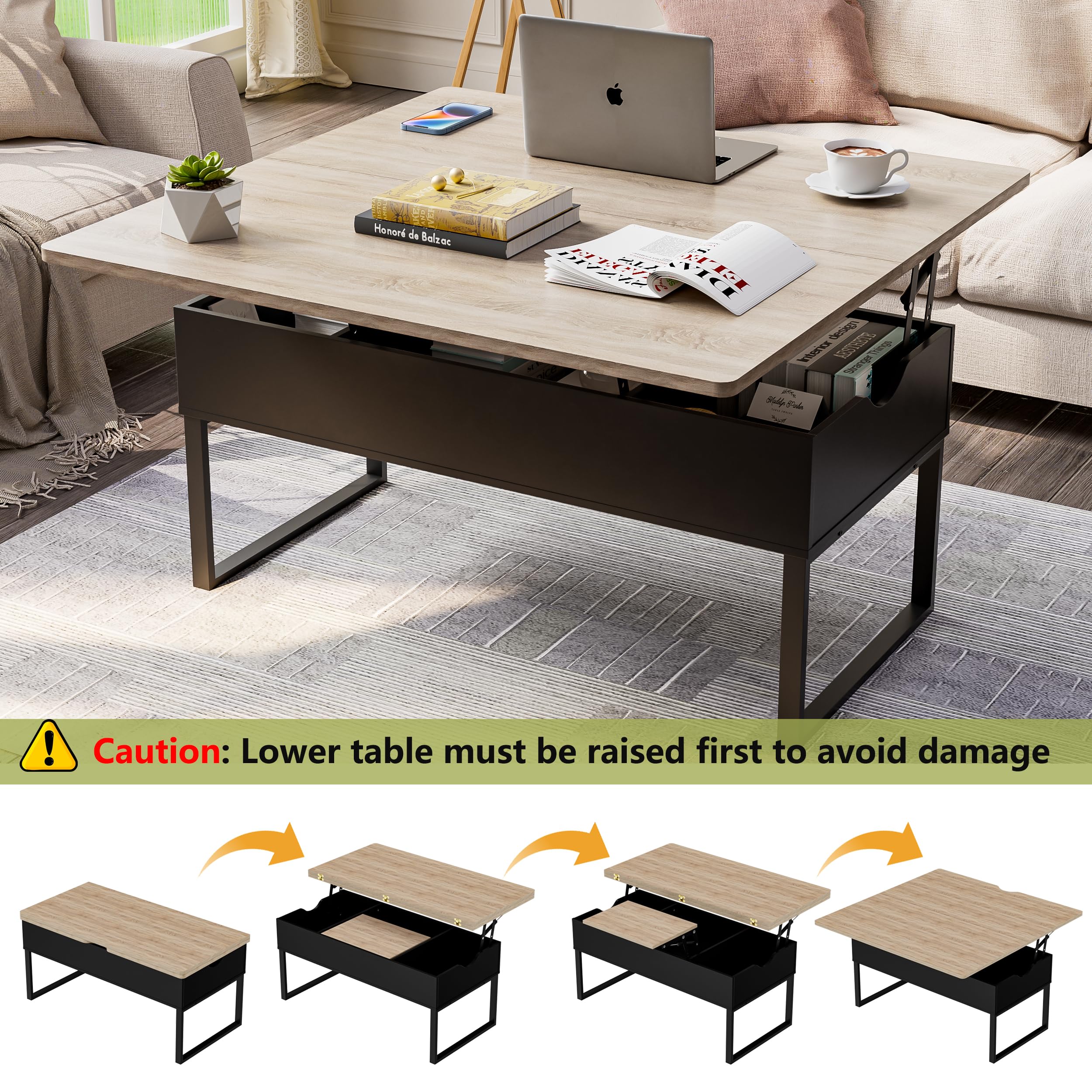 JoliJour Modern Lift-Top Coffee Table with Hidden Storage Compartment - Industrial Brown Living Room & Bedroom Side Table | Perfect for Small Spaces, Entertaining Guests, and Storing Remote Controls