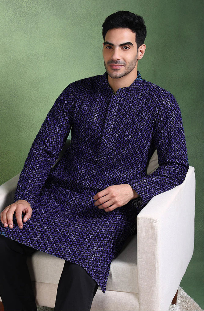 Blue Viscose Rayon Embroidered Straight Kurta for Men - Traditional Ethnic Motif Design - Perfect for Festivals, Weddings & Cultural Events