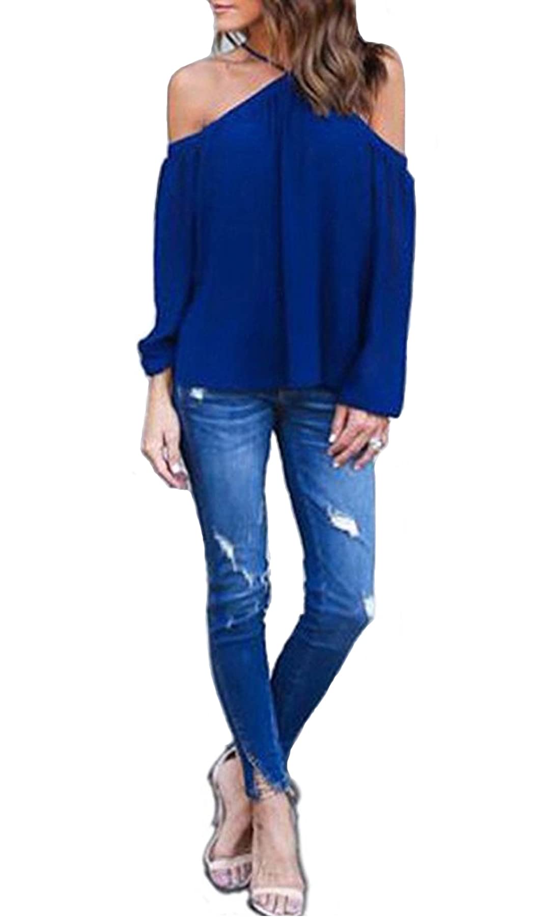 Women's Spaghetti Strap Halter Off Shoulder Blouse Long Sleeve Shirt Tops - Sexy Party Wear, Date Night Outfit, Casual Summer Fashion