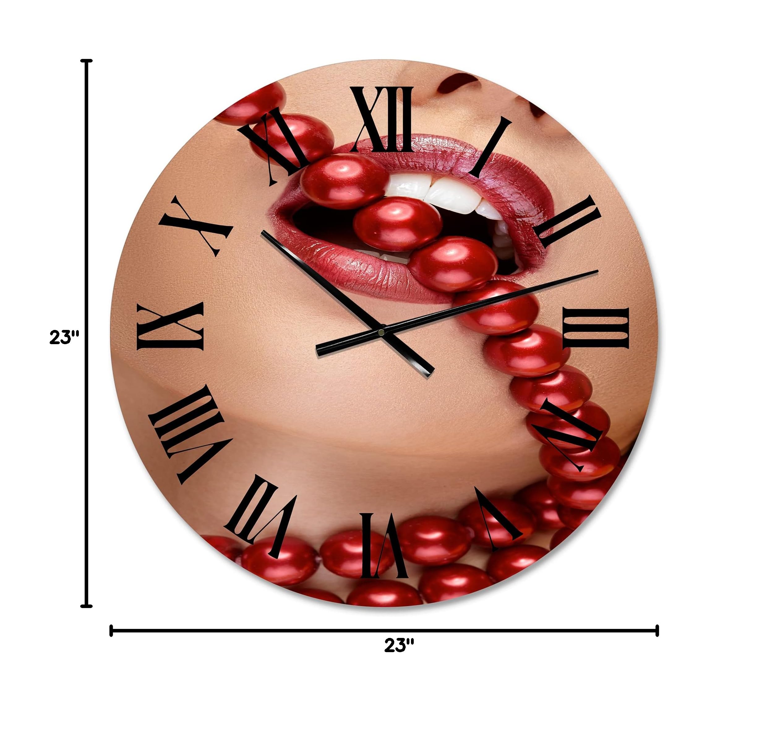 DesignQ Modern Wall Clock - Woman Mouth with Red Lipstick Biting Pearls, Large Decorative Clock for Living Room, Bedroom & Office - Unique Home Decor & Gift Idea