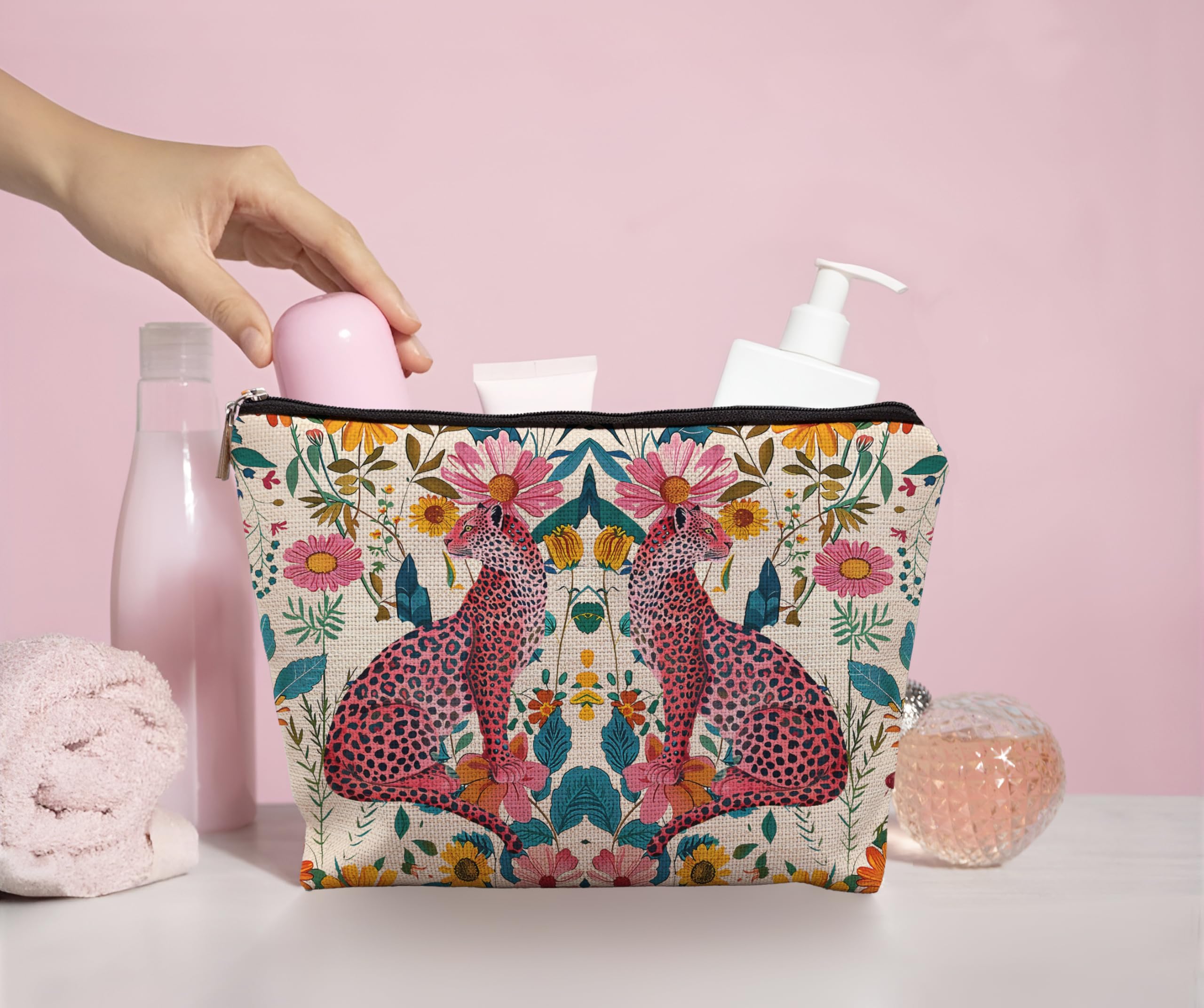 Floral Leopard Print Makeup Bag - Hot Pink Preppy Cheetah Cosmetic Pouch for Women | Perfect for Travel, Gym & Everyday Use