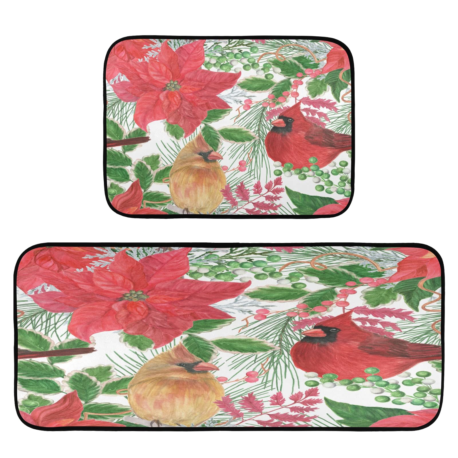 2-Piece Non-Slip Christmas Kitchen Rugs Set with Cardinal Design - Holiday Bathroom & Doorway Runner Mats (19.7
