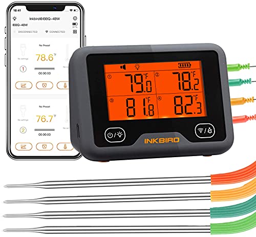 Inkbird IBBQ-4BW Smart WiFi & Bluetooth Meat Thermometer with 4 Color Probes - Wireless BBQ Grill Smoker Thermometer for Oven, Kitchen, Drum - High/Low Temp Alarm, Timer - Compatible with Android & iOS - Perfect for Grilling, Smoking, Baking, and Sous Vide Cooking