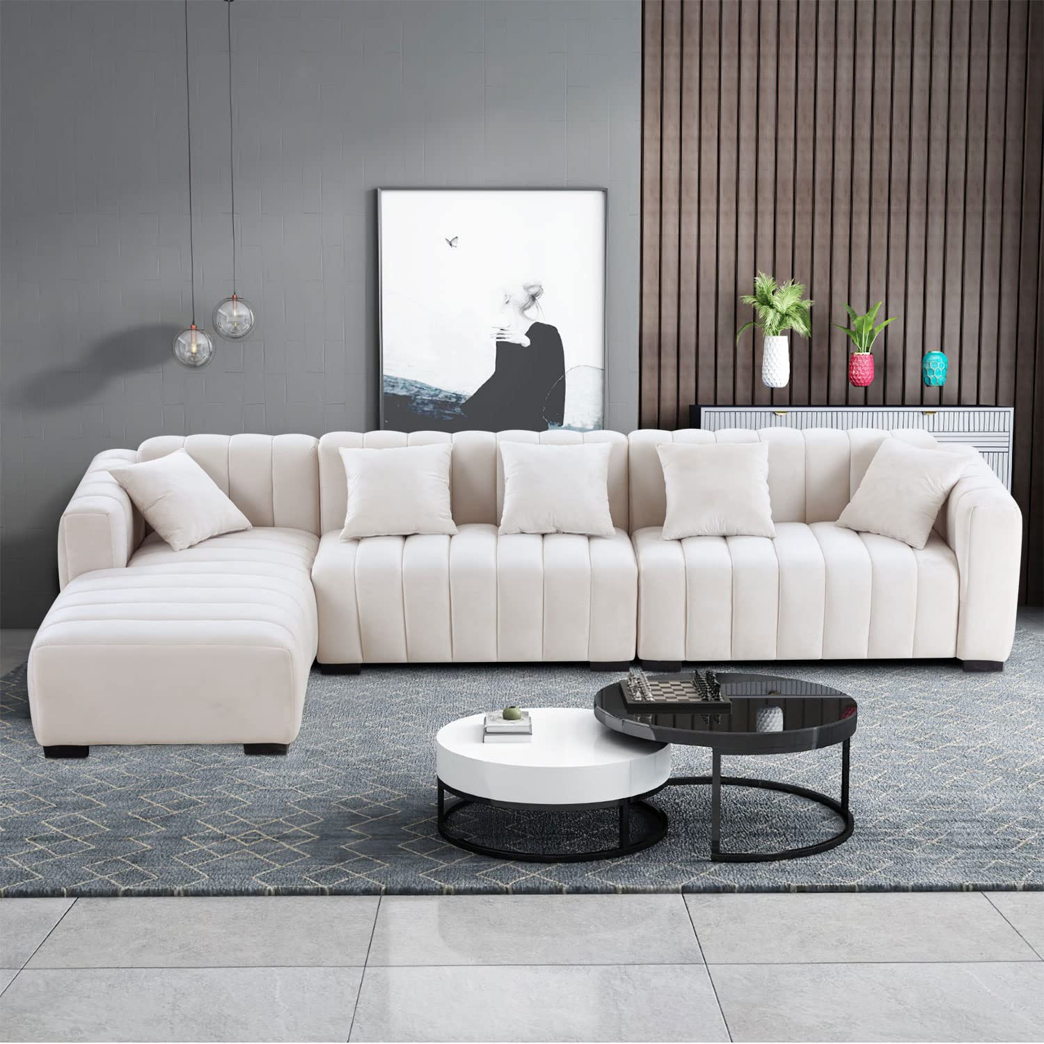 Kevinplus 140'' L-Shaped Sectional Sofa with Chaise Lounge - Modern Velvet 5-Seat Couch for Living Room, Home Office & Apartment - Includes 5 Pillows (Left Chaise, Beige) | Perfect for Family Gatherings, Movie Nights & Contemporary Home Decor