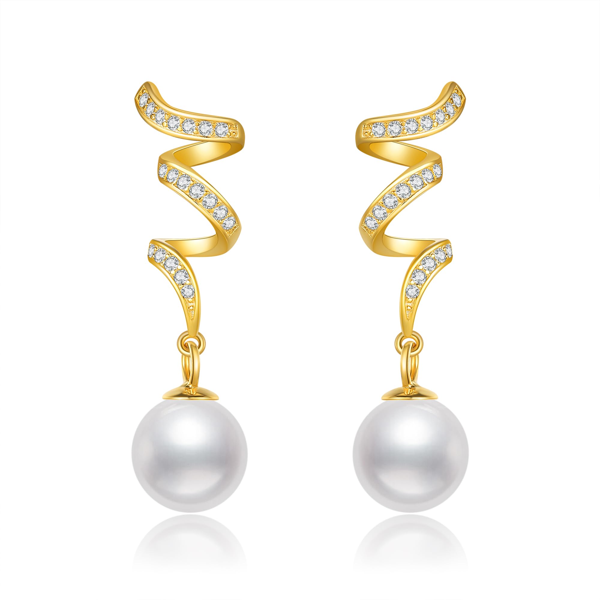 14K Yellow Gold Freshwater Cultured Pearl Drop Earrings for Women - 8MM Round Pearl Dangle Earrings with Twist Design | Perfect for Weddings, Parties & Special Occasions