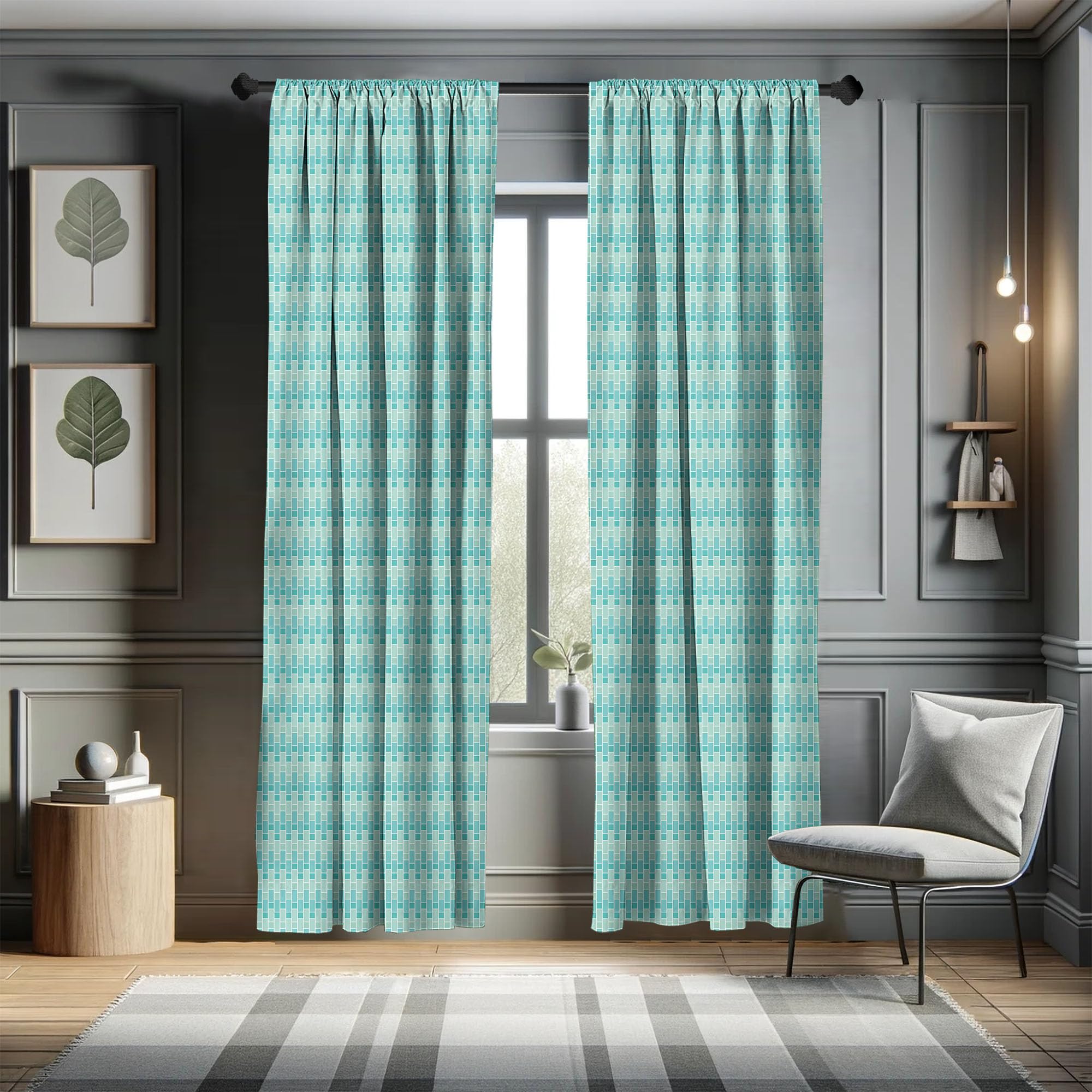 Ambesonne Abstract Curtains - Modern Blue & Green Rectangular Design, 2 Panel Set (28x63 Inches) for Living Room & Bedroom | Seafoam & Pale Green Window Treatments | Perfect for Coastal, Boho & Contemporary Home Decor