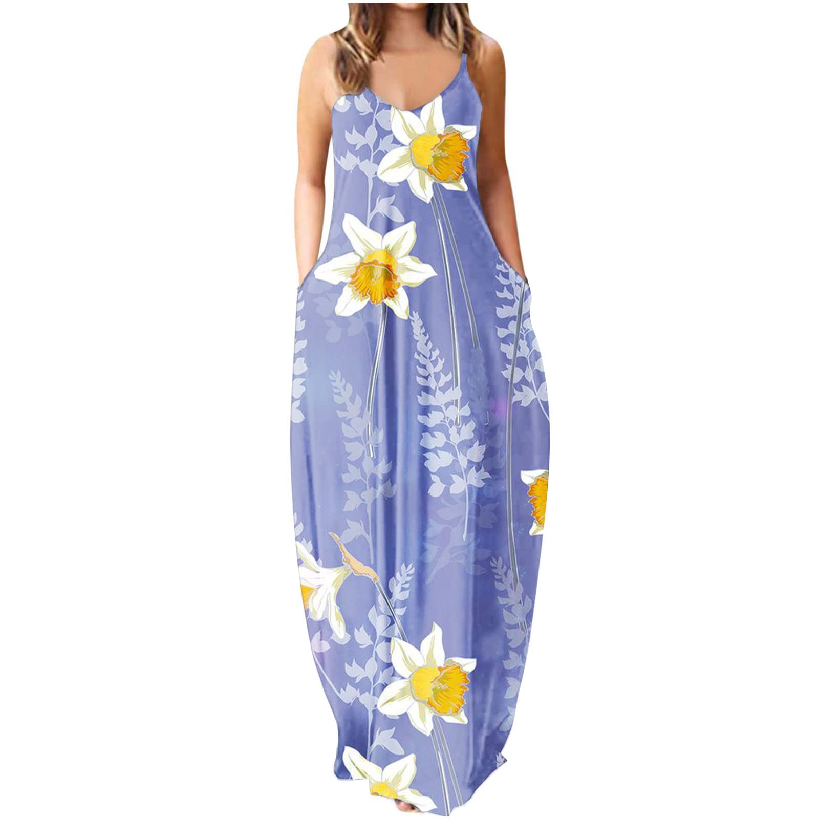 OSFVNOXV Women's Floral Print Summer Maxi Dress - Casual Scoop Neck Spaghetti Strap Beach Dress for Plus Size | Perfect for Vacations, Pool Parties & Summer Outings