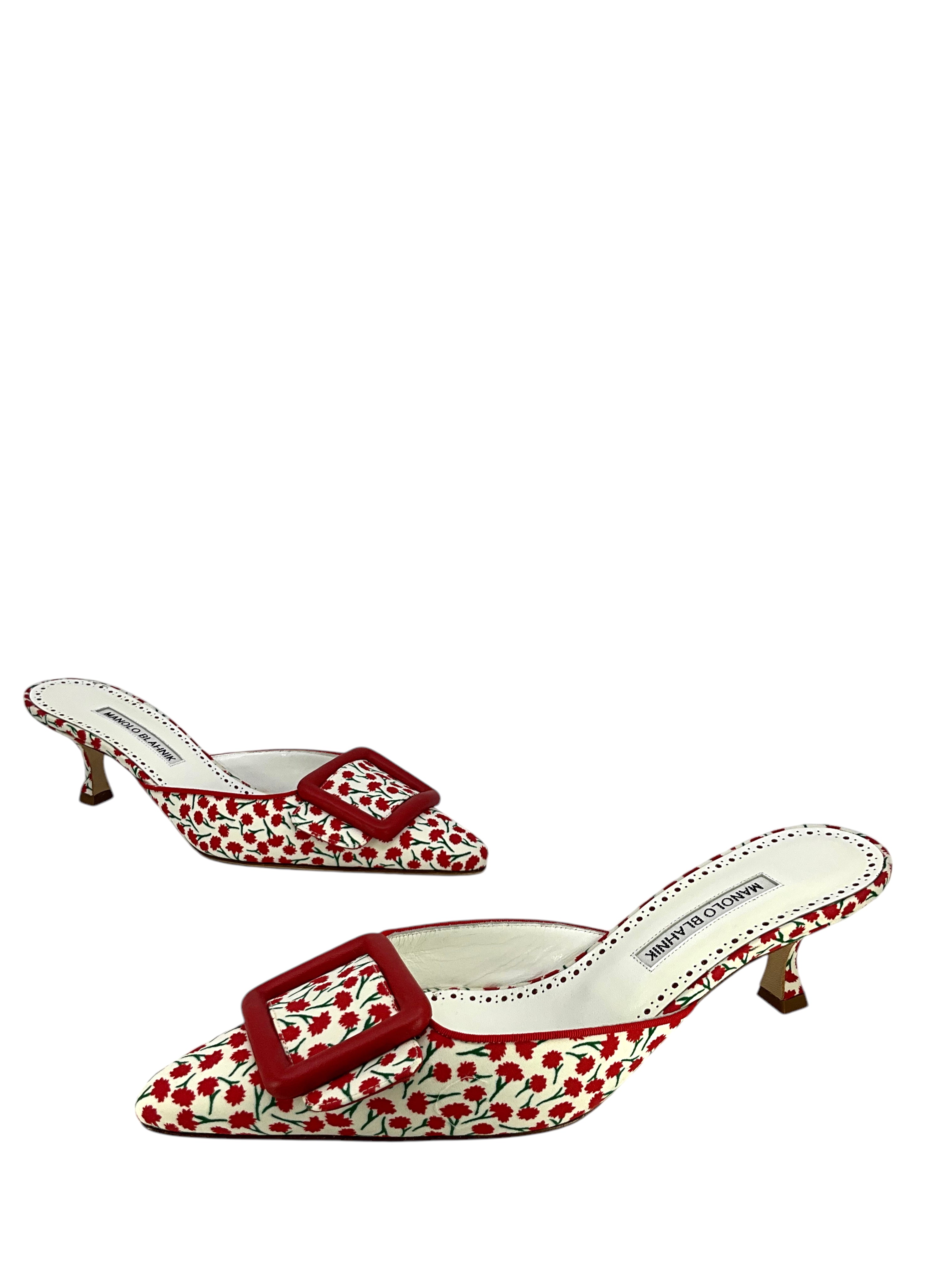 Manolo Blahnik Maysalebi Floral Satin Buckle Mules - Women's Size 9 Luxury Heels for Weddings, Parties & Special Occasions
