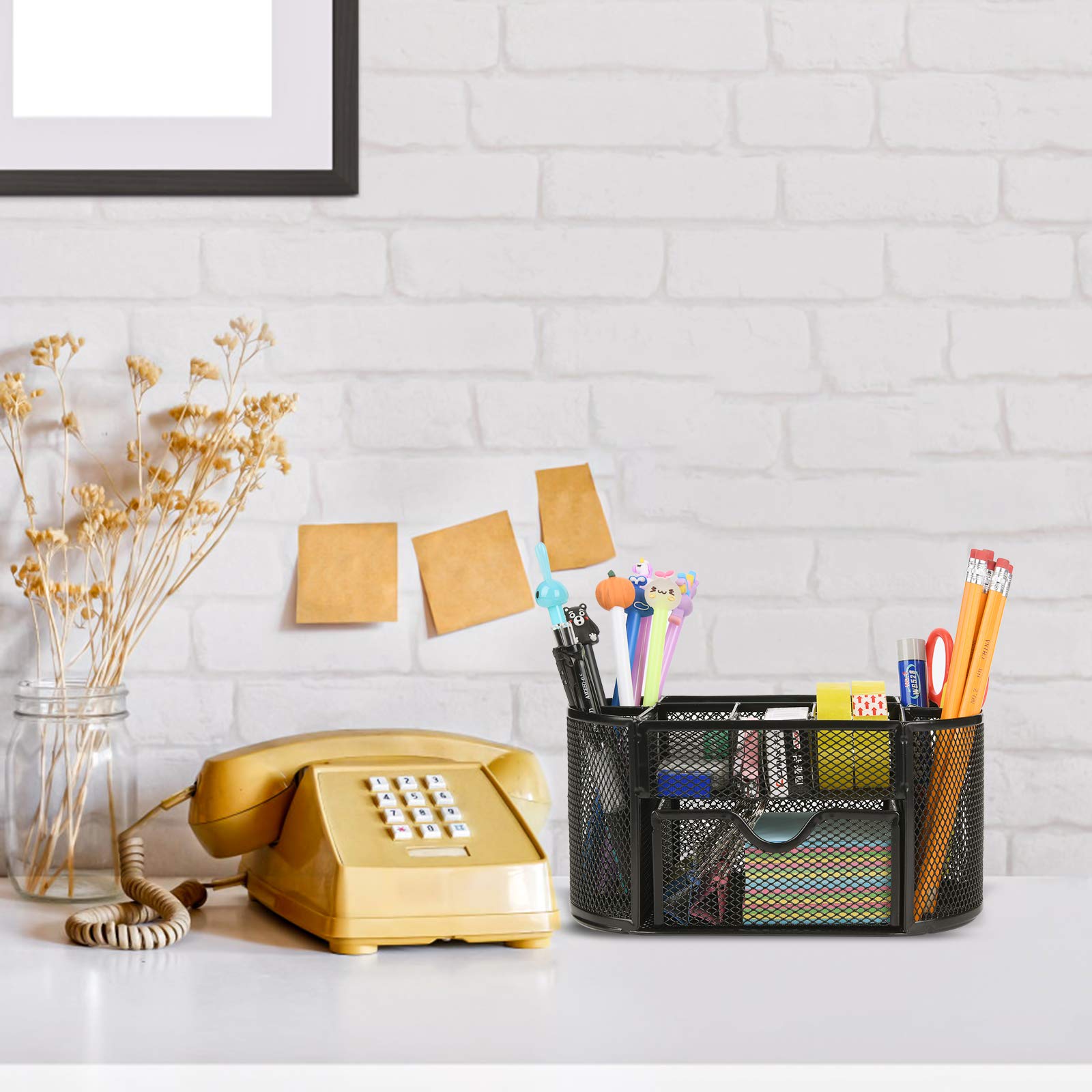 9 Compartment Mesh Desk Organizer - Metal Office Desk Accessories for Scissors, Pens, Post-it Notes & Sticky Notes | Perfect for Home Office, School & Workspace Organization