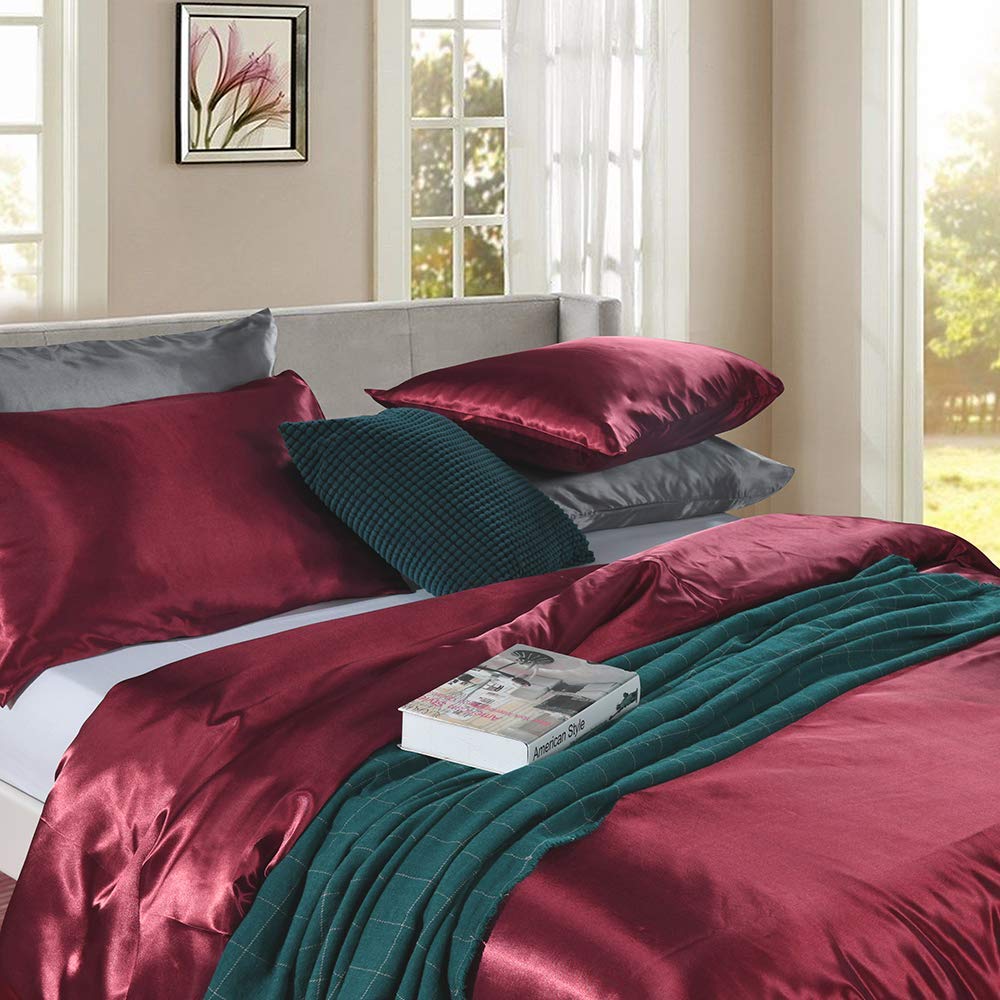 Luxurious Silk-Like Satin 5-Piece Comforter Set - Ultra Soft & Durable (Comforter, Flat Sheet, Fitted Sheet, 2 Pillow Cases) - Burgundy California King Size Bedding for Master Bedroom & Guest Room Elegance