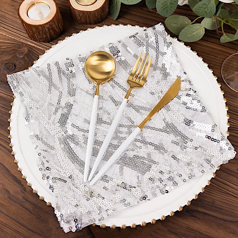 20 x 20 Inch Wavy Embroidered Sequin Tulle Net Fabric Napkins - Elegant Party Decor for Weddings, Baby Showers & Table Settings