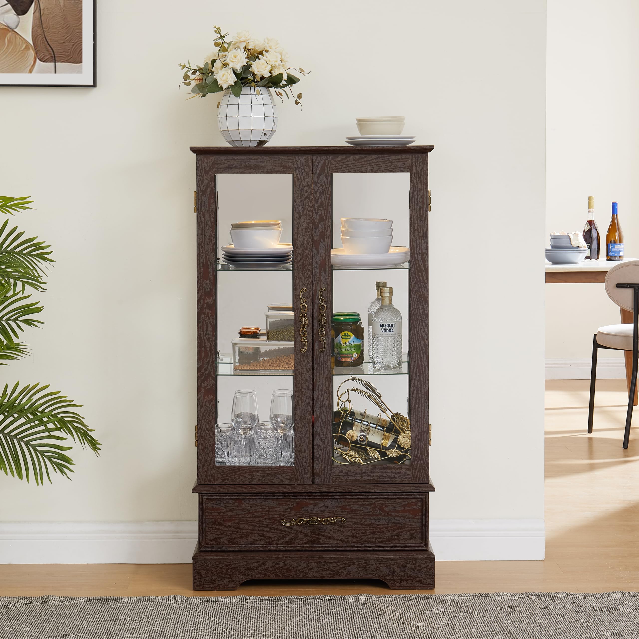 Vintage Glass Display Cabinet with LED Lighting - Adjustable Glass Shelves, 2 Doors & Drawer - Cherry Wood Curio Cabinet for Living Room, Dining Room or Office Decor