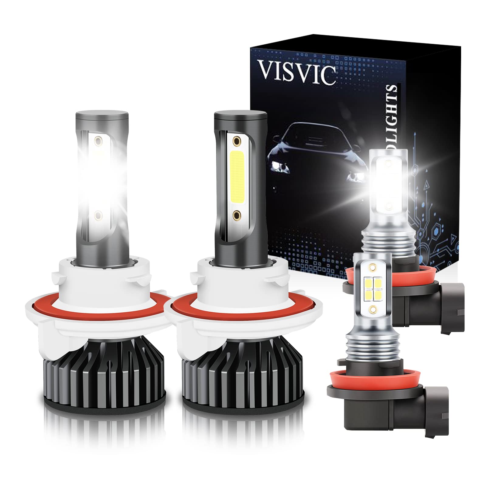 VISVIC H13 9008 LED Headlight Bulbs + H8/H11 Fog Lights Conversion Kit - Compatible with Ford Focus 2008-2011 - 6000K Cool White - IP67 Waterproof - Plug and Play - Pack of 4 - Perfect for Night Driving & Foggy Conditions