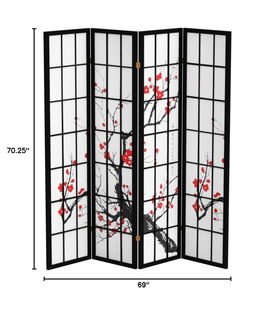 Black 4-Panel Red Lantern SS-BLOSSOM Room Divider Screen - Decorative Privacy Partition for Home, Office & Events - Perfect for Living Rooms, Bedrooms & Wedding Decor