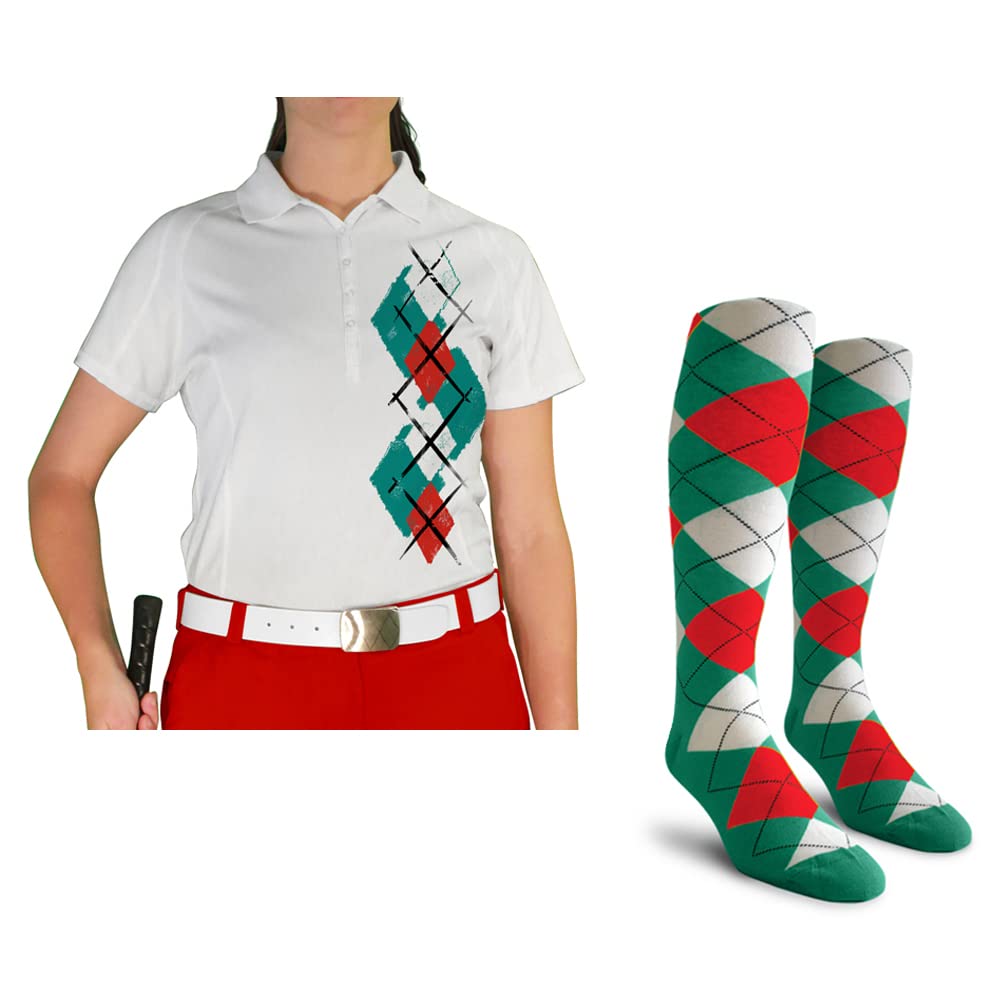 Dry Fit Short Sleeve Graphic Golf Polo Shirt with Socks for Women - Argyle Paradise (5A-5Z) | Moisture-Wicking Performance Top & Comfortable Socks Set | Perfect for Golf, Tennis & Casual Summer Outfits