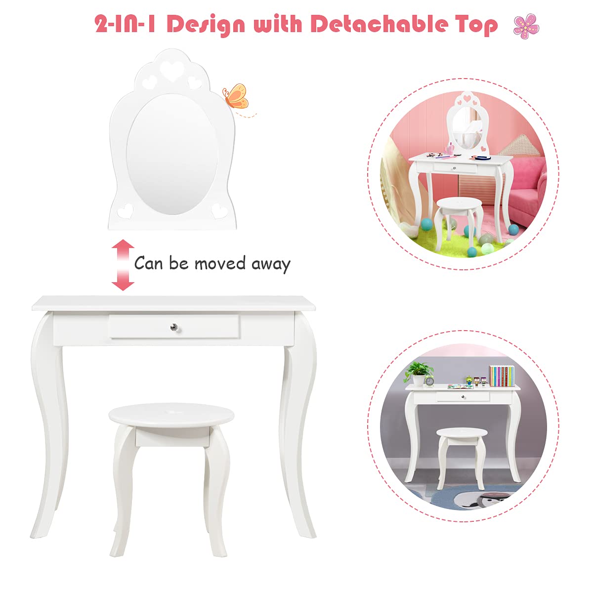 HONEY JOY Kids Vanity Set with Mirror - White Wooden Toddler Vanity Table with Stool & Drawer, Removable Top for Pretend Play - Princess Beauty Makeup Dressing Table Playset for Little Girls | Perfect for Birthday Gifts, Bedroom Decor & Role Play Activities