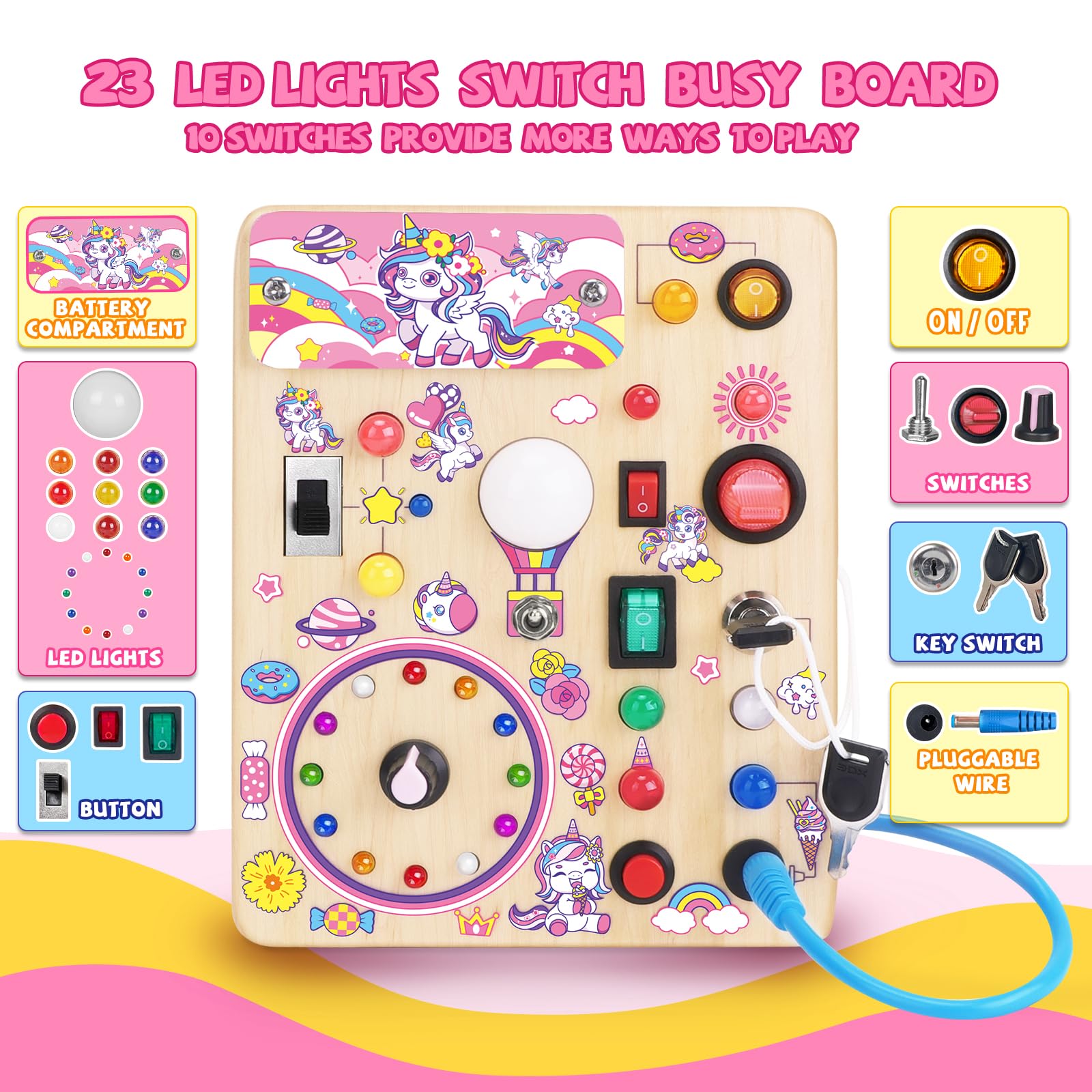 Unicorn Busy Board Plus V2 - Montessori Wooden Sensory Toy for Toddlers Age 1-3 | Travel Learning Activity Board | Perfect Gift for 1+ Year Old Girls & Boys | Ideal for Airplane, Car Rides & Quiet Playtime