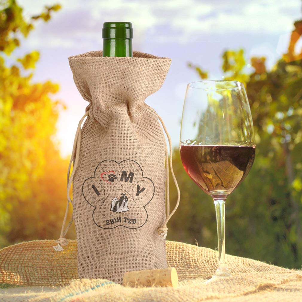 Custom Cotton Wine Gift Bag with Paw & Shih Tzu Dog Design - Natural Canvas Tote for Housewarming, Parties & Pet Lovers - Perfect for Gifts, Celebrations & Dog-Themed Events