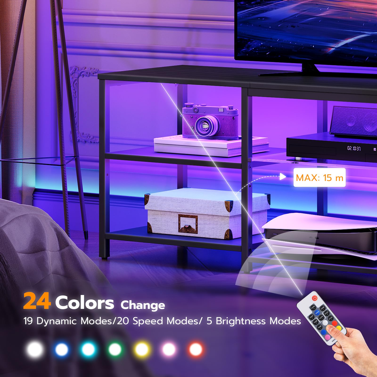 HOOBRO 75 Inch LED TV Stand with Charging Station & 3-Tier Open Storage - 63