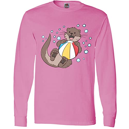 Inktastic Cute Otter with Beachball and Bubbles Graphic Long Sleeve T-Shirt for Men & Women - Soft Cotton Casual Tee for Beach Vacation, Summer Outings and Animal Lovers