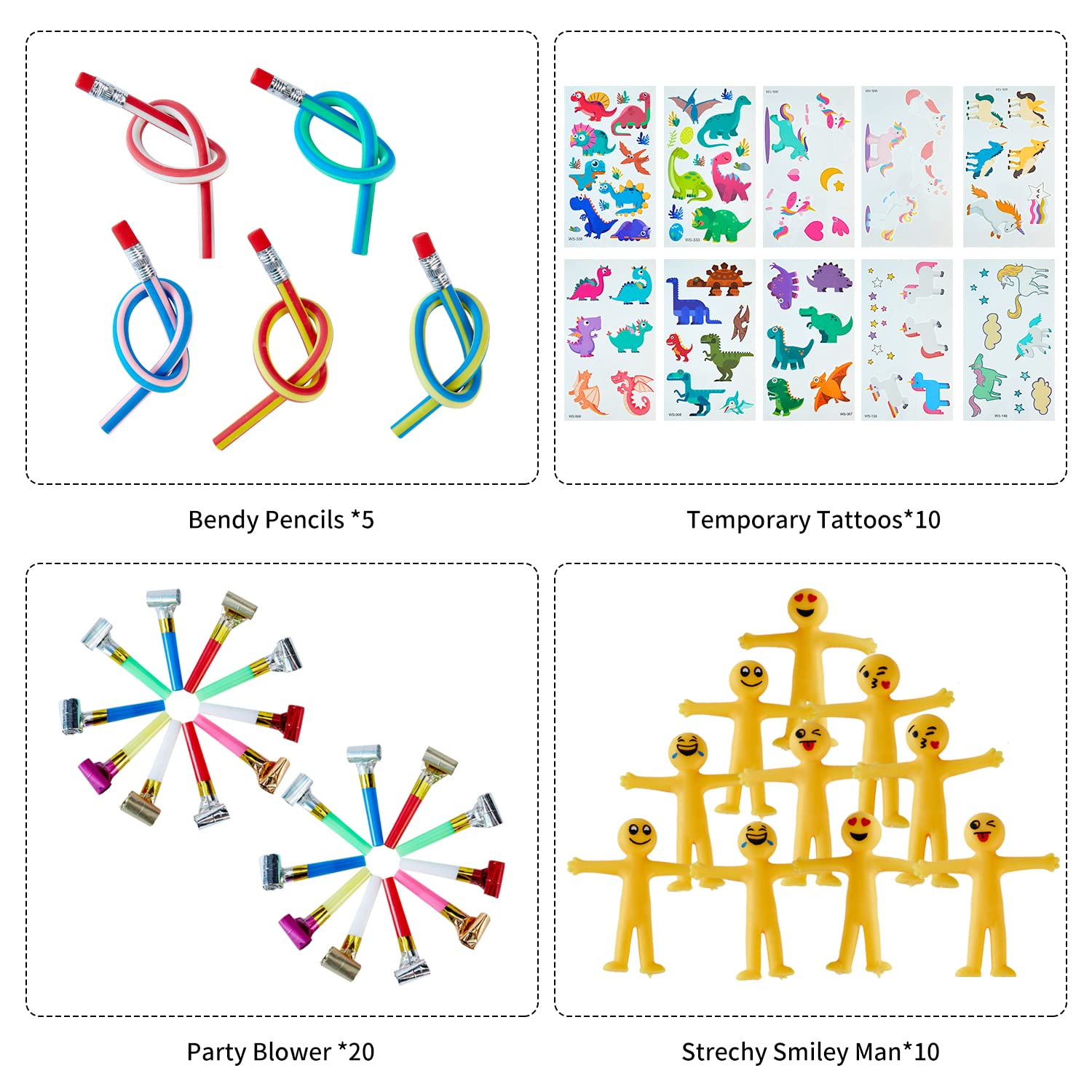 SMOKFON Kids Party Favor Bag Fillers - Assorted Toys Including Rainbow Springs, Slap Bracelets, Bouncy Balls & Temporary Tattoos - Perfect for Birthday Parties, Classroom Rewards, Stocking Stuffers & School Prizes - Fun Gift for Boys & Girls