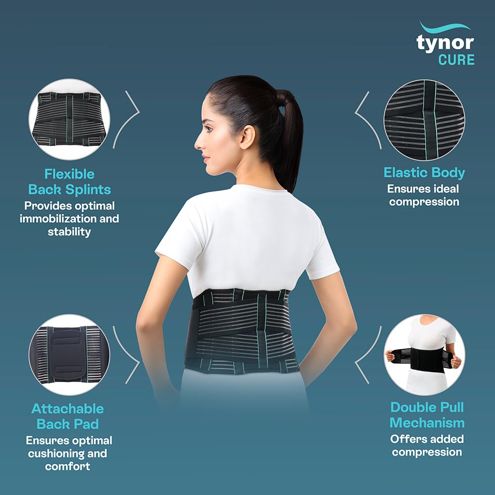 TYNOR Back Support Belt for Lower Back Pain Relief - Adjustable Lumbar Brace for Men & Women with Herniated Disc, Scoliosis & Heavy Lifting - Breathable Design with Lumbar Pad (XL, Premium Black) - Ideal for Office Work, Gym Training & Post-Surgery Recovery