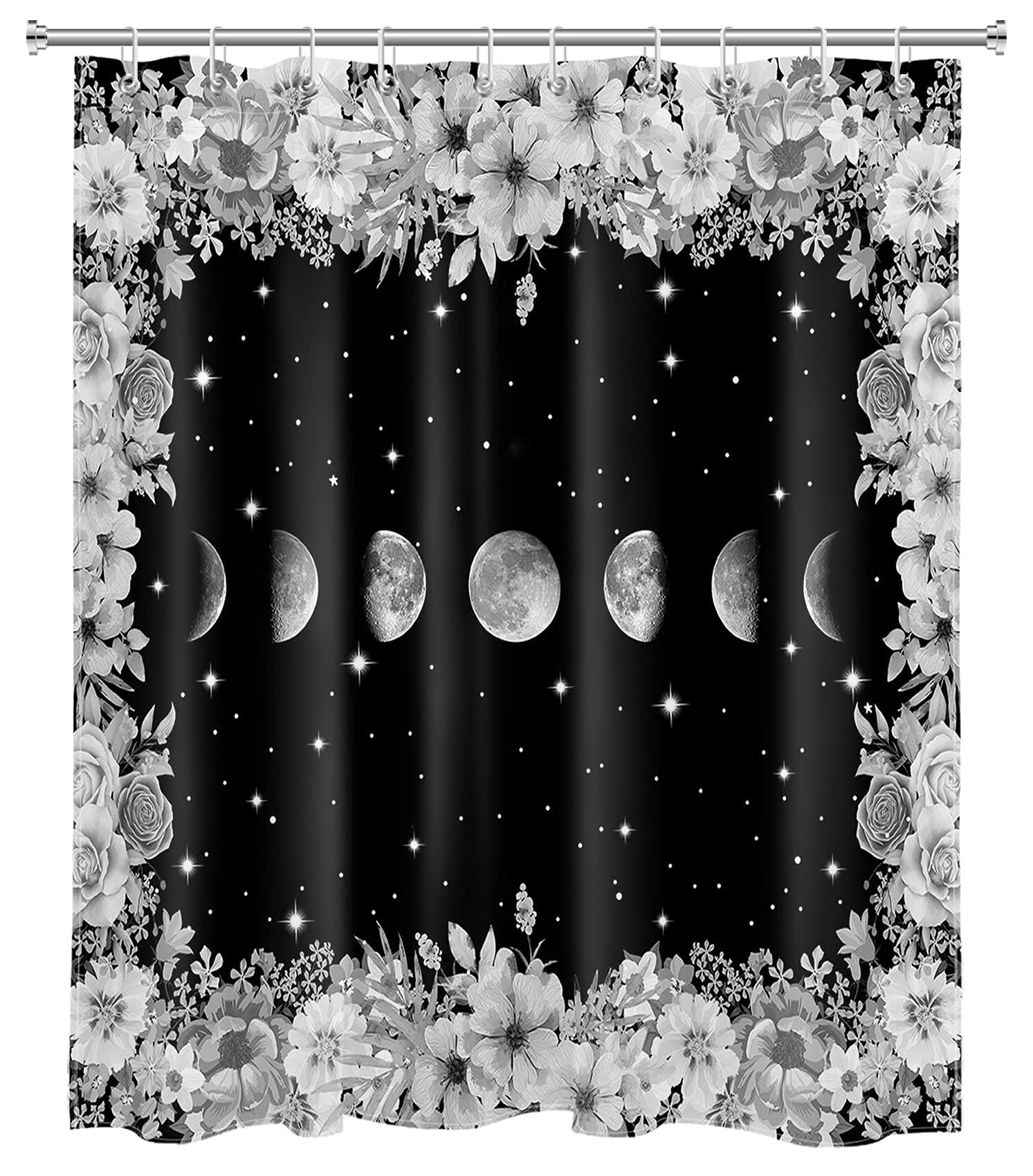 ECOTOB Moon Phase Shower Curtain - Black & White Galaxy Design with Floral Moonlit Garden Pattern - Waterproof Bathroom Decor (59x70 Inches) Includes 10 Hooks - Perfect for Boho, Celestial, and Nature-Inspired Bathroom Themes