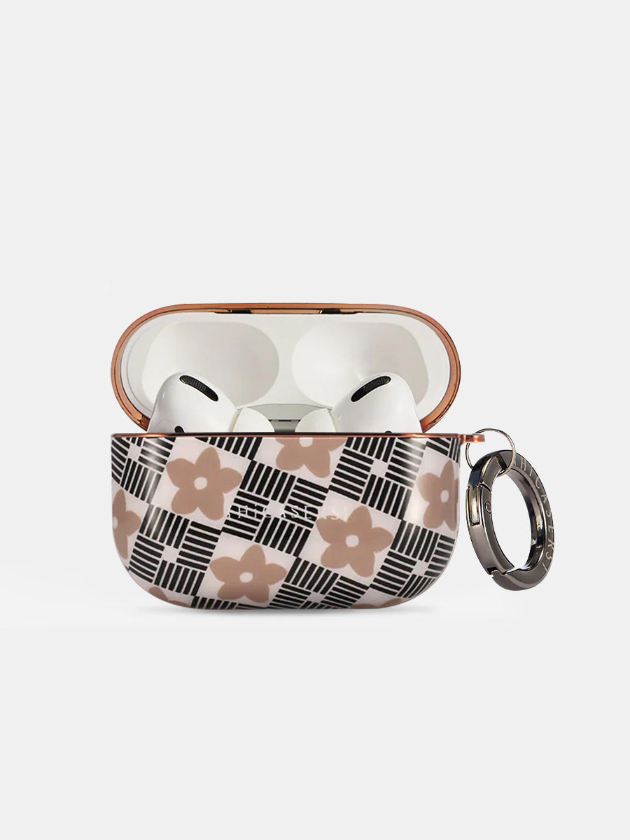Pale Brown Windowpane and Blossoms AirPods Case - Stylish Protective Cover for AirPods 1/2/3/Pro - Perfect for Daily Use, Travel & Gift Giving