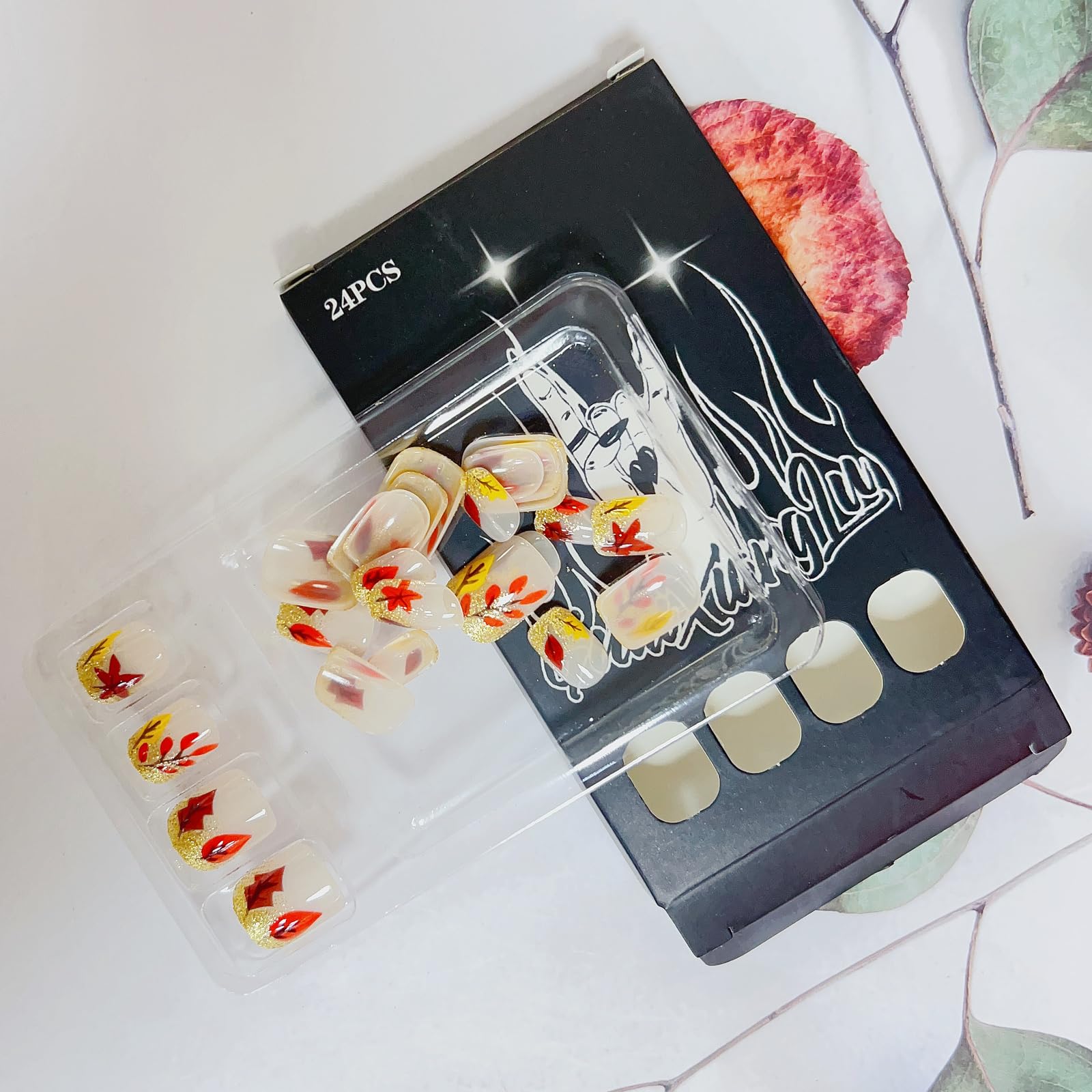 Maple Leaf Press on Nails - Short Square Fake Nails with Glossy Gold Glitter | Full Cover Fall Leaves Design | Autumn Thanksgiving Nail Art Decor for Women | Perfect for Thanksgiving Parties, Halloween Costumes & Seasonal Nail Fashion