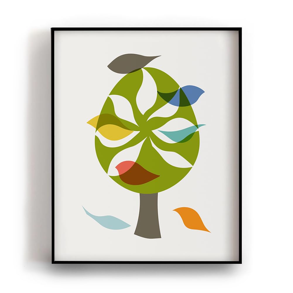Mid-Century Modern Birds in Tree Wall Art Print - Colorful Abstract Decor, Aesthetic Retro Artwork (8x10 Inches Unframed) - Perfect for Living Room, Bedroom & Office Decor