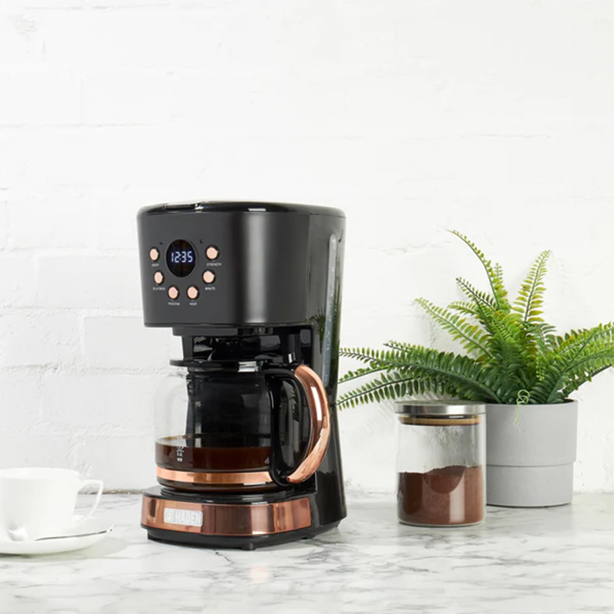 Haden Dorset 4-Slice Wide Slot Stainless Steel Toaster with 12-Cup Programmable Drip Coffee Maker Set, Black & Copper - Perfect for Breakfast, Kitchen, and Office Use